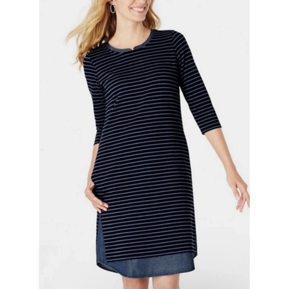 NWT J. JILL Womens Sz XL Blue/Navy Striped Denim Trim Shift Dress Coastal Preppy